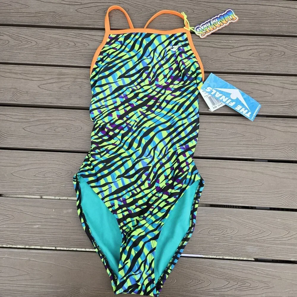 TYR The Finals Women Zebra Zoo Flutterback Swimsuit Green - Size 28 NEW - Picture 1 of 3